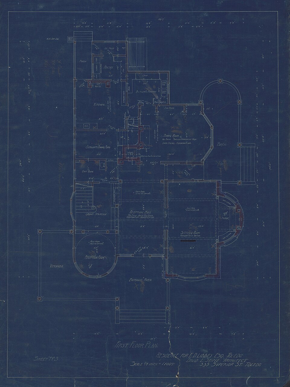 Historic architectural plan with measured rooms and structural annotations